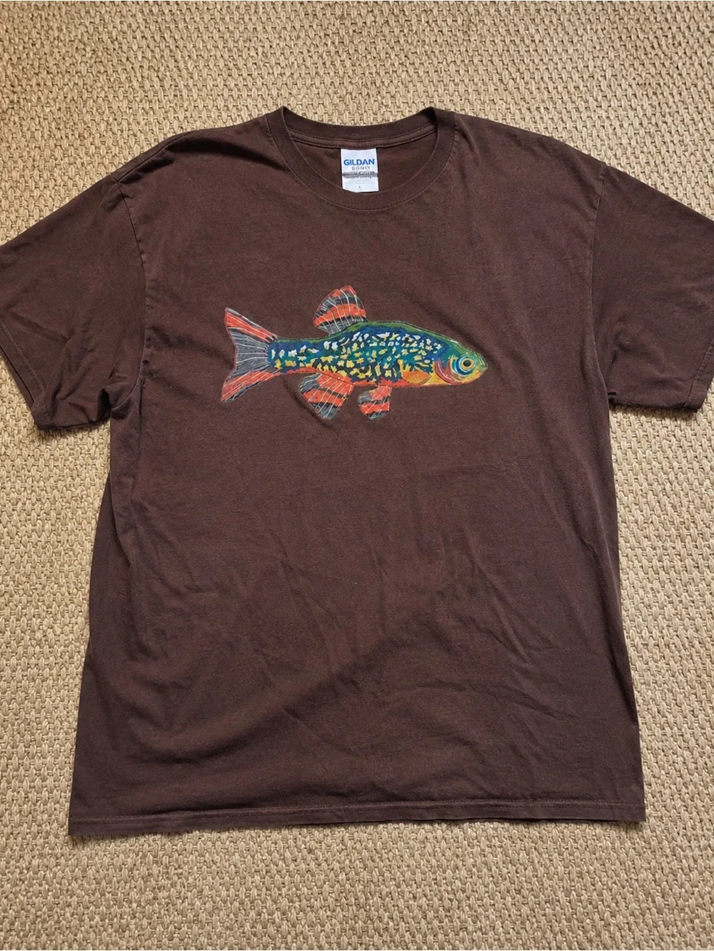 Gildan Brown Tee with Colorful Fish Illustration